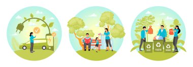 Elektrikli araba şarj ediliyor. Yeşil bir şehir parkında vakit geçirmek. Geri dönüştürülebilir atıkları cam, plastik ve organik malzemeler için belirlenmiş çöp kutularına ayırmak. Sürdürülebilir enerji kavramı.