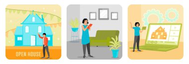 Misafirperver bir kişinin katılacağı açık bir etkinlik. Bir kadın, odanın düzenini düzenleyen bir tablet kullanıyor. Evi ve mobilyalarını gösteren bir video turu. Satılık konsept.