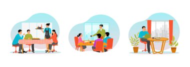 İş arkadaşları yemek masasında oturmaktan hoşlanırlar. Çalışanlar kahve içerken yemek molasında konuşuyor. Laptopuyla meşgul bir adam öğle yemeği sırasında telefonla konuşuyor. İş yemeği konsepti.