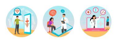 Haç gösteren bir akıllı telefonla uğraşan bir adam. Bir doktor ve hastanın diyalog içinde olduğu dijital danışma. Sanal konsültasyonlar ve çevrimiçi tıbbi bakım. Uzaklık yardımı ve destek kavramı.