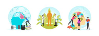 Zihinsel zindelik ve zihinsel gelişim egzersizleri. Sağlığı temsil eden bir figürle tıbbi bütünsel profesyoneller. İnsanlar kafa şeklindeki bir bulmacayı birleştiriyorlar. Zihinsel ve fiziksel sağlık kavramı.