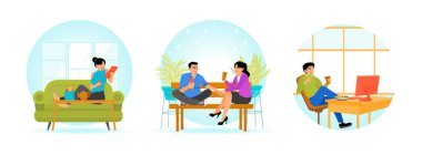 Tablet kullanan ve masada yemek olan kahve içen bir kadın. Bir adam ve bir kadın bankta içeceklerin keyfini çıkarıyorlar. Masasında aperatifler ve kahveyle çalışan genç bir adam. İnsanlar yeme konsepti.