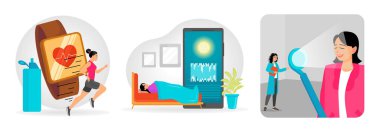Fitness izleyicisi, koşan kadın ve bir şişe ile bağlantılı bir egzersiz. Kadın bir uyku takipçisiyle yatıyor. Tıbbi profesyonel hasta terapisini ışık kullanarak gerçekleştiriyor. Sağlık korunumu kavramı.