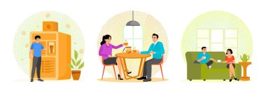 Kahve almak için otomatı kullanan bir adam. Bir adam ve bir kadın bir kafede kahve paylaşıyorlar. Bir adam ve bir kadın kanepede oturmuş, çayın tadını çıkarıyorlar. Sıcak içecek kavramı olan insanlar..