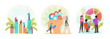 Sütun grafiklerinin yapımında işbirliği içinde. Fikirlerle dolu insan kafaları olan bir icat. Çizelgelerle ilgili bir iş görüşmesi. İş konsepti.