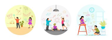 Çocuklar duvara neşeli karalamalar çiziyor. Üç neşeli çocuk boyalı kalemlerle duvara resim çizmekten zevk alıyor. Duvar boyalarıyla boyama yapan kardeşler. Duvara resim çizen çocuklar.