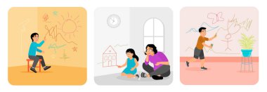 Tabureye oturmuş, duvarda yaratıcı çizimler yapan bir çocuk. Bir anne kızını bir ev çizerken izliyor. Bir çocuk duvara resimler ve desenler çizer. Duvara resim çizen çocuklar.