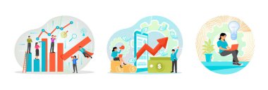 Bireyler bir sütun grafiği oluşturmak için işbirliği yapıyor. İş büyümesi, finansal başarı ve takım çalışması. Dizüstü bilgisayarı ve ampulü olan bir kadın. İş konsepti.