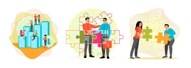 Takım çubuk grafikleri ve viteslerle meşgul. Profesyoneller birbirine bağlı yapboz parçalarının arasında el sıkışıyor. Yapboz parçalarını birleştiren bireyler. İş konsepti.