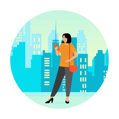 Modern gökdelenlerin yer aldığı bir metropolde akıllı telefonuyla meşgul olan bir kadın. Teknoloji kullanımı ve çağdaş yaşam tarzları gösteriliyor. Gençler akıllı telefon kavramını kullanıyor.