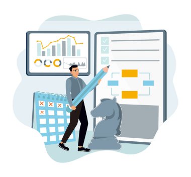 Stratejik planlama konsepti. Bir işadamı çizelgeleri analiz eder, programları düzenler ve hedeflere ulaşmak için iş stratejileri geliştirir..