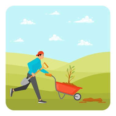 Bir adam ağaç fidelerini taşımak ve kürek taşımak için el arabası kullanıyor. Bu çevresel farkındalığı sembolize ediyor. İnsanlar ağaç dikme kavramı.