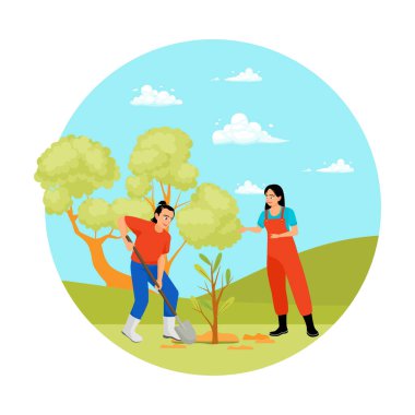 Baharda bir şehir parkına iki kişi ağaç fideleri eker. Bu takım çalışmasını ve çevreyi korumayı sembolize eder. Gençler ağaç dikerler..