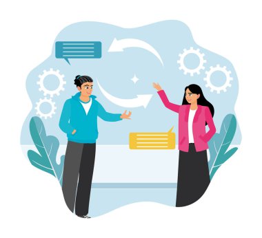 Erkekler ve kadınlar konuşma baloncuklarıyla sohbet ederler. İnsanlar sosyal etkileşim becerileri geliştirir.