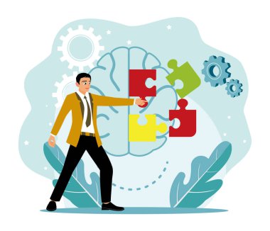 Zihinsel ve fiziksel sağlık tedavisi. Bir girişimci, yapboz parçalarını beynin etrafına toplar.