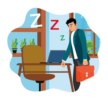 Bir iş adamı iş günü ofiste bitkin görünür. İş adamları iş yüklerinden dolayı uykusuzlar..