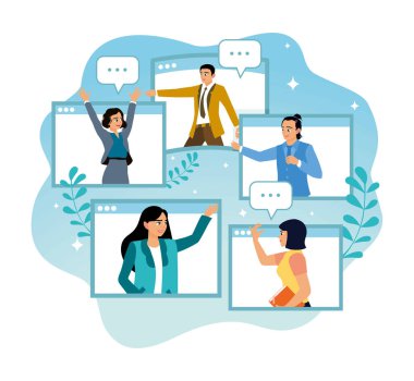 İşbirliği ve takım çalışması. İş adamları ve iş kadınları bilgisayar aracılığıyla çevrimiçi toplantılara katıldılar.