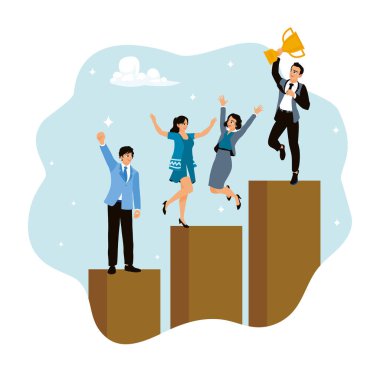 İş adamları büyüme grafiğine tırmanıyor. Bir grup çalışan başarıyı ödülle kutluyor..