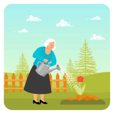 Yaşlı bir kadın yemyeşil bir bahçe sahnesinde çiçek kullanarak doğayı ve rahatlamayı teşvik eder. Bahçe insanları konsepti.