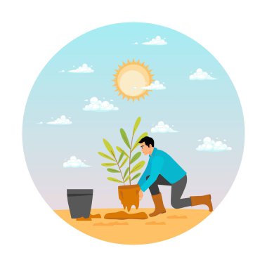 Bahçıvan, şehir parkında bir ağaç tutuyor ve dikiyor. Çevresel farkındalığı, sürdürülebilirliği ve doğayla ilgilenmeyi sembolize ediyor. İnsanlar ağaç dikme kavramı.