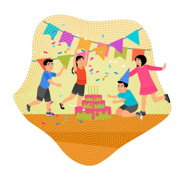 Çocuklar pasta, renkli bir dekor ve neşeli bir eğlence ile doğum günü kutlaması yapıyorlar. Mutluluğun, birlikteliğin ve neşeli anların özünü yakalamak. Doğum günü kavramı.