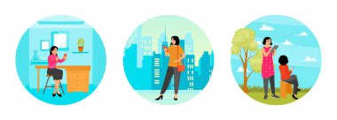 Kadın ofisteki akıllı telefonuyla iletişim kuruyor. Metropolis 'te akıllı telefonuyla meşgul olan bir kadın. Açık havada kendi dijital aygıtlarıyla uğraşın. Gençler akıllı telefon kavramını kullanıyor.