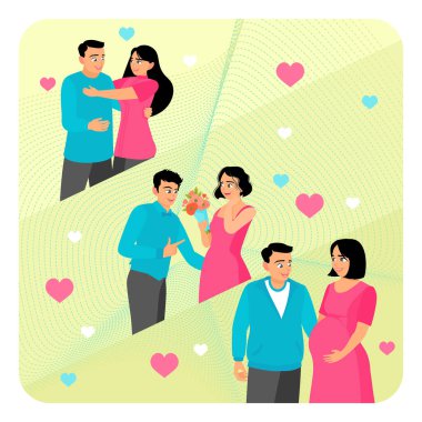 İlişki aşamaları romantik jestlerden aile kurmaya dönüşür. Sevgi dolu bir atmosfer yaratıyorum. Büyüyen aile hayatı kavramı aşamaları.