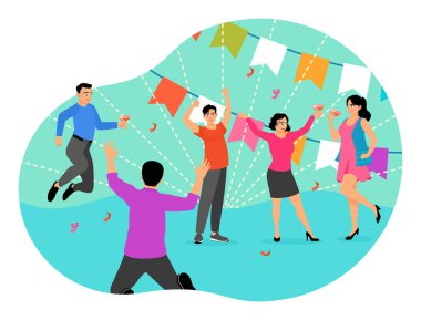 Bir grup insan şenlikli süslemeler altında içkilerle kutlama yapıyor. Mutluluğu, topluluğu ve kutlamayı sembolize ediyor. Tatil partisi konseptinde mutlu kalabalık.