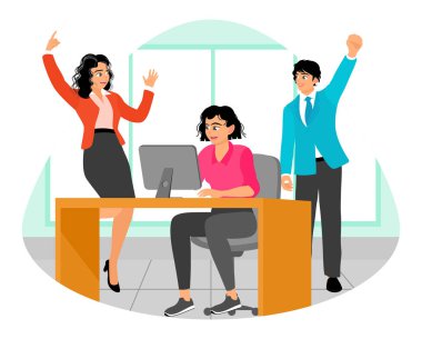 Profesyoneller ofiste takım başarısını kutluyor. İş ortamında takım çalışması, motivasyon ve olumlu duygular gösterir. Mutlu iş ekibi konsepti.