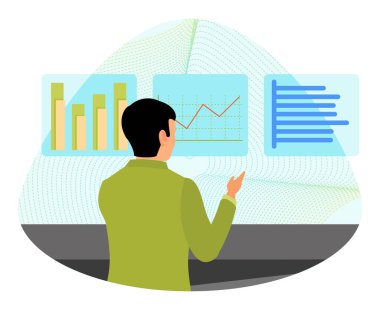 İnsan finansal verileri ve grafiksel eğilimleri dijital ekranda inceler ve karşılaştırır. İş yönetiminde veri analizi ve teknoloji gösteriliyor. Ölçüm kavramı.