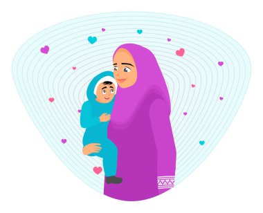 Anneler ve kızlar konsepti. Başörtüsü takan bir anne ve çocuk sevgi dolu bir kucaklaşmada bir kalp sembolüyle sarılıyorlar. İlgi ve neşeyi sembolize ediyor. Bir anne ve çocuk arasındaki sevgi bağı..