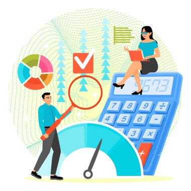 Turta grafikleri ve aletlerle gösterilen verileri analiz eden iş ekibi. Strateji ve mali yönetim gösteriliyor. Ölçüm kavramı.