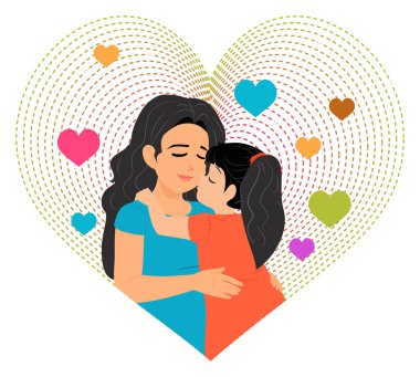 Anneler günün kutlu olsun. Çocuğunu kucaklayan bir anne ve annesinin yanağını öpen sevimli küçük bir kız, canlı dekoratif kalplerle çevrili..