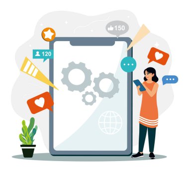 Dijital iletişim ve sosyal medya ilişkileri kavramsal illüstrasyon. Genç kadınlar sosyal medya ile etkileşimde ve olumlu geri bildirim alıyorlar.