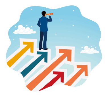 İş büyütmek için motivasyon. Girişimci bir okun büyümesini gözlemlemek için dürbün kullanır. Bu da gelecekteki başarı ve fırsatları simgeler..