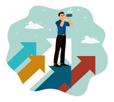 Başarılı olmak için motivasyon. Bir adam bir okun üzerinde durur ve amacına ulaşmak için bir fırsat görür..