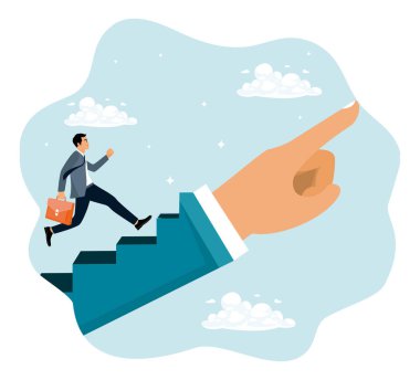 Kariyer geliştirme stratejileri. Bir girişimci başarıya ulaşmak için rehberlik ve iyimserlikle merdivenleri tırmanır..