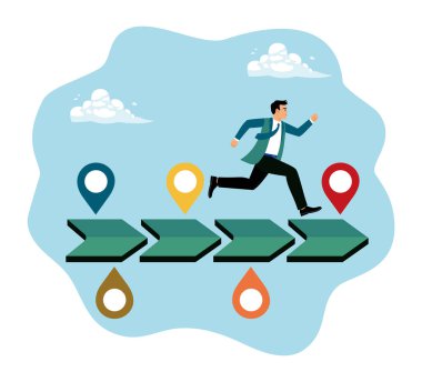 Planlama, başarı ve iş çabaları kavramı. Bir girişimci, süreçler ve zorluklar yoluyla hedeflerine ulaşır.