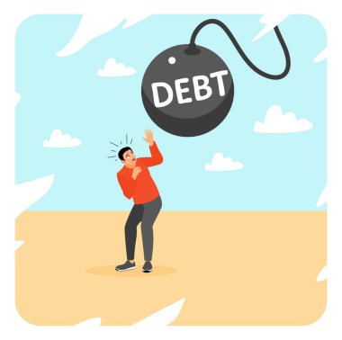 Borç konsepti. Borç olarak etiketlenmiş dev bir ağırlıkla temsil edilen borçla boğulan adam, aşırı borçlanmayı sembolize ediyor ve tehlikeli borçlara neden oluyor..