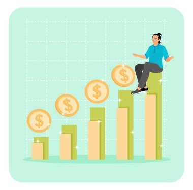 Yatırım büyüme konsepti. Büyüyen grafikler ve dolar işaretleriyle daha fazla kazanç sağlayan girişimciler.