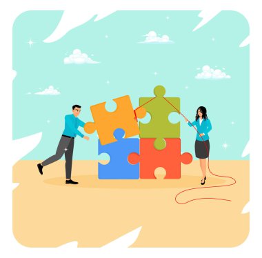 Yapboz bağlantı konsepti. İş adamları bulmacayı çözmeye ya da meydan okumaya yardımcı olmak için bulmacaya yardım ediyor.