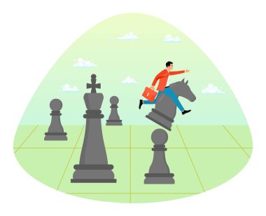 Stratejik hareket konsepti. Ticaret yarışmasını kazanmak için strateji, cesaret ve güvenle Satranç Şövalyesi 'ne binen iş adamı.