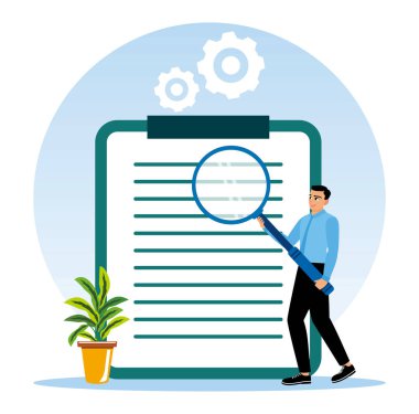 Bir yönetici bir belge dosyasını büyüteçle inceler ve analiz eder. Bir işadamı, belgeleri panoda analiz eder..