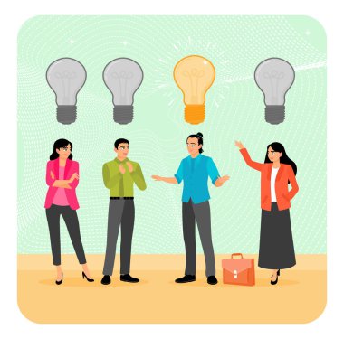 Çözüm konsepti düşünüyorum. Parlak ampulleri olan girişimciler, sorunları çözen çözüm uzmanları veya toplantılarda danışmanlık yapan liderler.