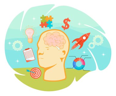 Dahice bir kavram ya da yeni beceriler geliştirme ya da öğrenme uzmanı. Roketler, dart tahtaları, ampuller, bulmacalar ve panolarla sembolize edilen başarılı iş yönetimi unsurlarına sahip insan beyni.