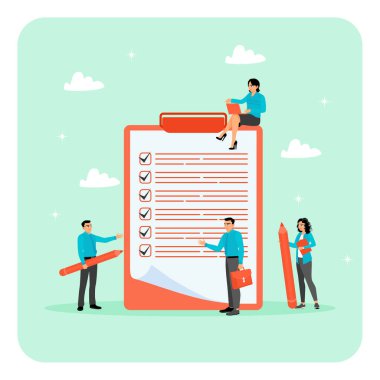 İş konseptini bitirmeyi planlıyorum. Kadın ve erkek kalem tam görev kontrol kutusunu tutarken, kadın liste panosu veya proje durum raporu hazırlamak için panonun başında oturuyor.