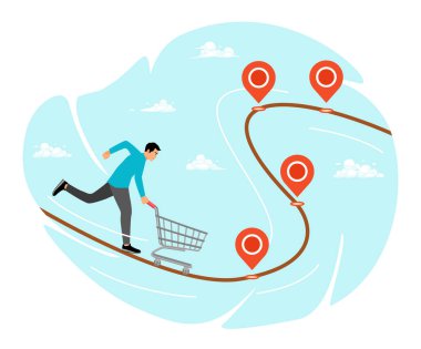 Müşteri yolculuğu konsepti. Müşteri seyahat haritasında alışveriş arabası olan bir adam müşterilerin deneyimlemesi için pazarlama stratejilerini analiz ediyor..