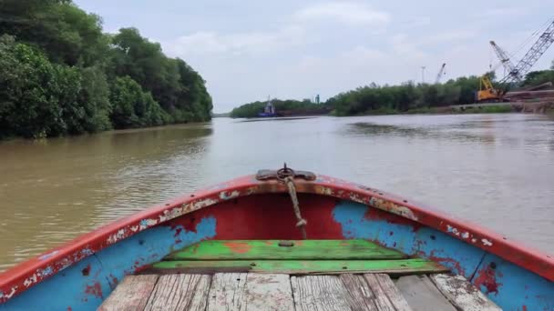 Pohled Objevování Mangrovníkové Lesní Řeky Pomocí Dřevěné Lodi — Stock video