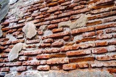 Eski, yıpranmış tuğla bir duvarın detaylı bir yakın çekimi harç ve sıkıntılı alçı parçalarıyla zengin doku ve desenleri ortaya çıkarıyor.