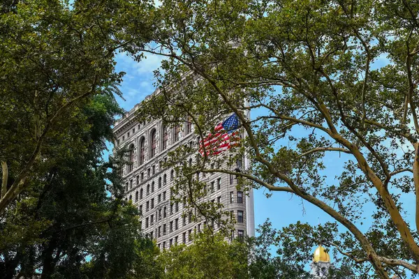 Amerikan Bayrağı ve Flatiron Binası Madison Square Park - Manhattan City Ağaçları 'ndan görüldü.